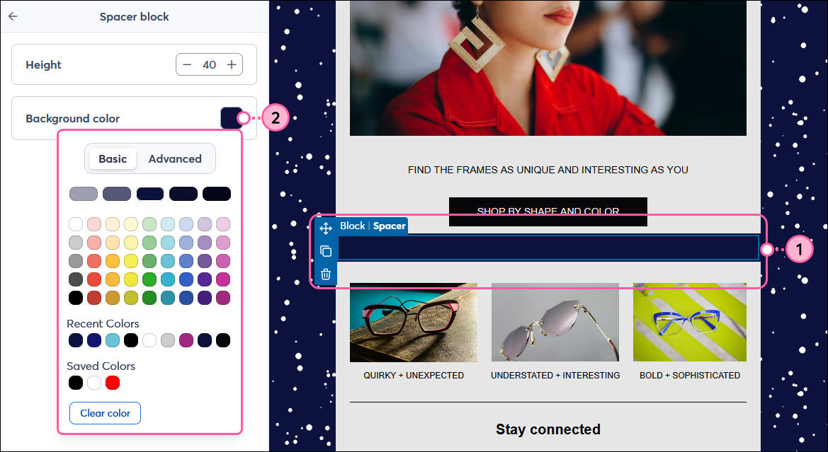 Email editor with spacer block side menu expanded, Background color option selected, and color palette with Basic and Advanced options