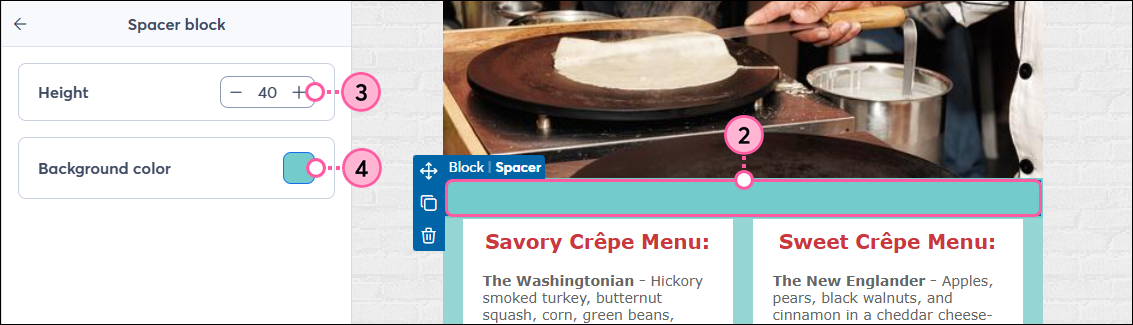 Email template with spacer below banner image, and Spacer toolbar with thickness adjustment options