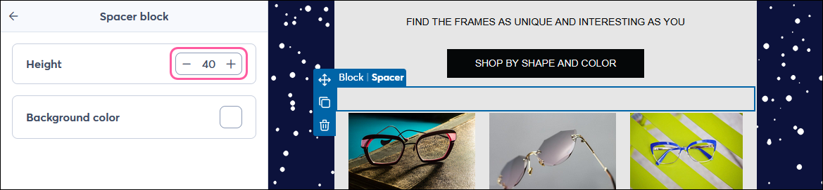 Email editor with spacer, Spacer toolbar expanded, Height field, and increase and decrease controls