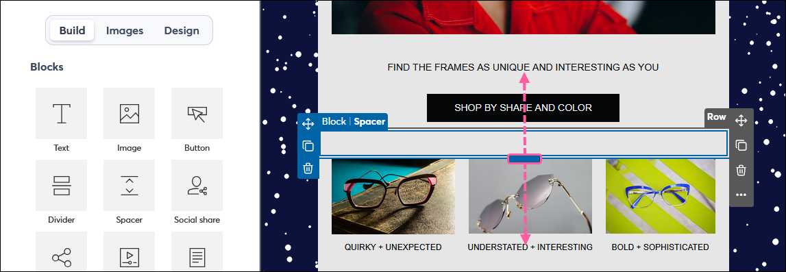 Email editor with spacer and height drag handle