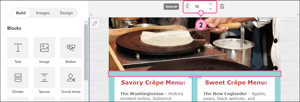 Email template with spacer below banner image, and Spacer toolbar with thickness adjustment options