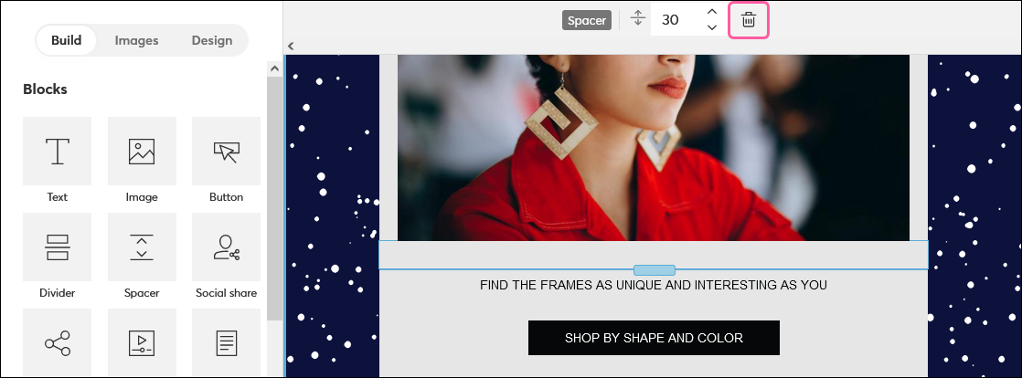 Email editor with spacer, Spacer toolbar expanded, and Delete button