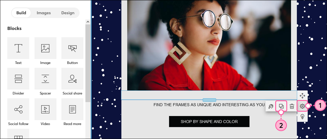 Email editor with spacer block side menu expanded, Edit this layout icon selected, and Copy this layout selected