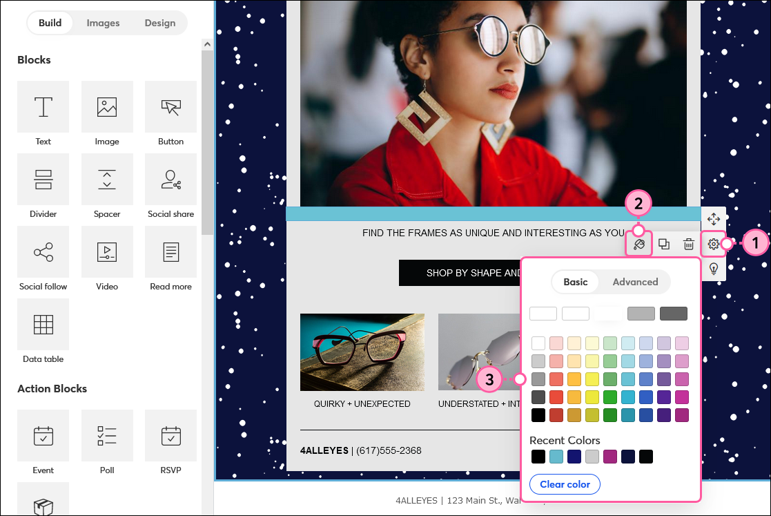 Email editor with spacer block side menu expanded, Edit this layout option selected, color option selected, and color palette with Basic and Advanced options