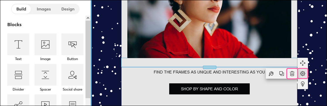Email editor with spacer block side menu expanded, Edit this layout icon selected, and Delete option selected
