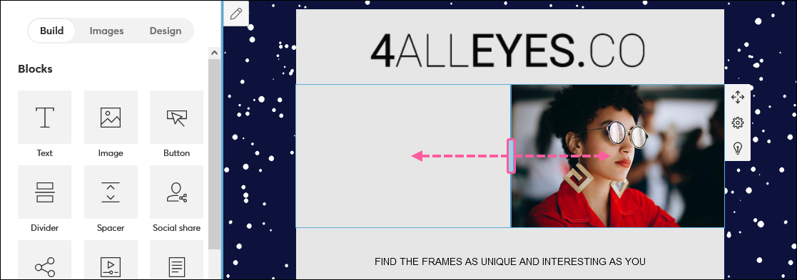 Email editor with spacer in dual-column layout, and drag handle