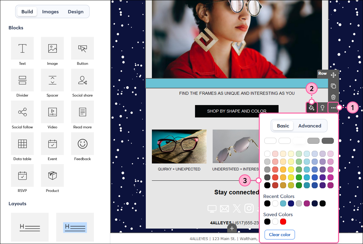 Email editor with spacer block side menu expanded, Edit this layout option selected, color option selected, and color palette with Basic and Advanced options