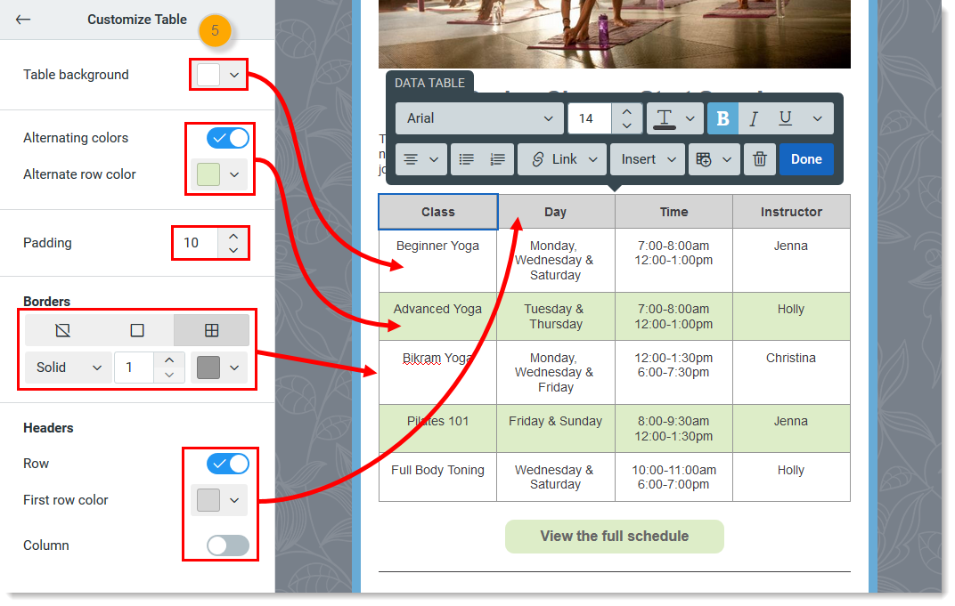 Add a table to an email in the Cross Device Editor