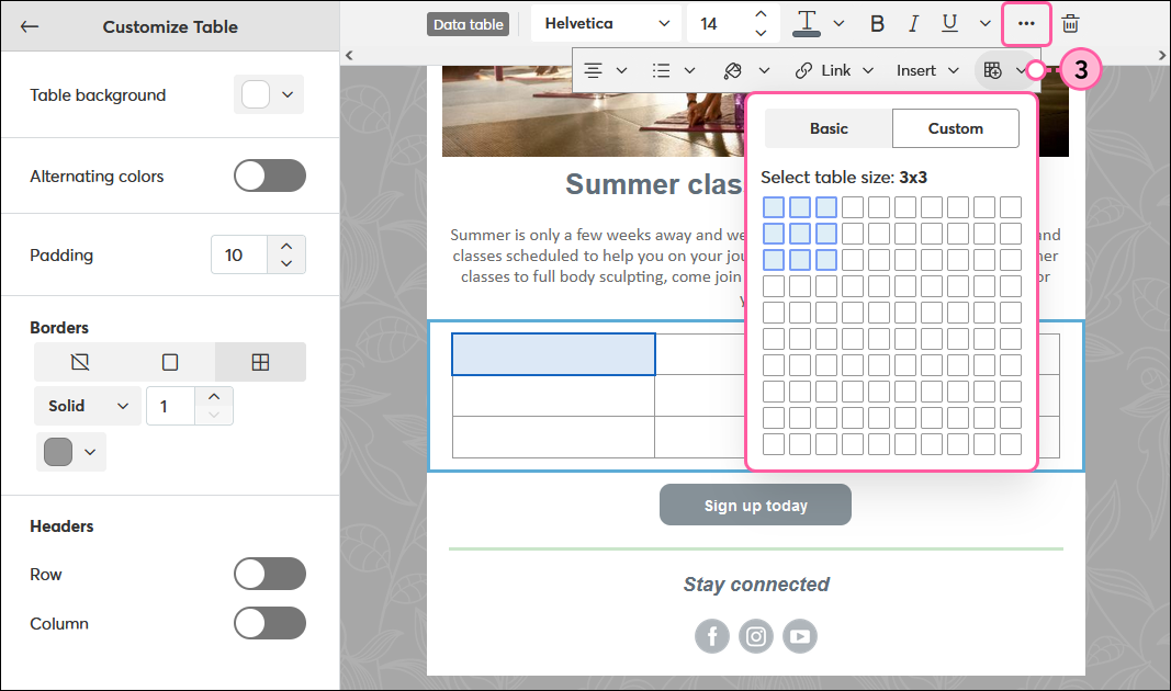 Block toolbar, table icon, and table size selection