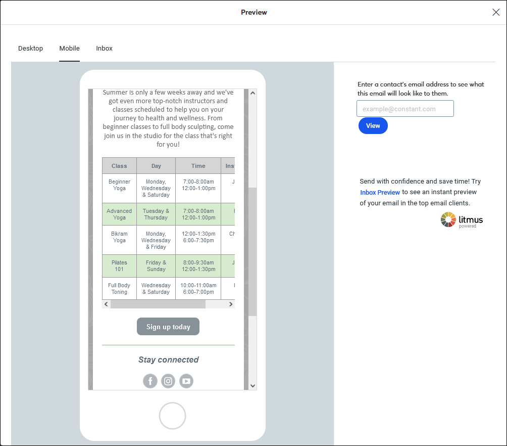 Mobile preview of email with table