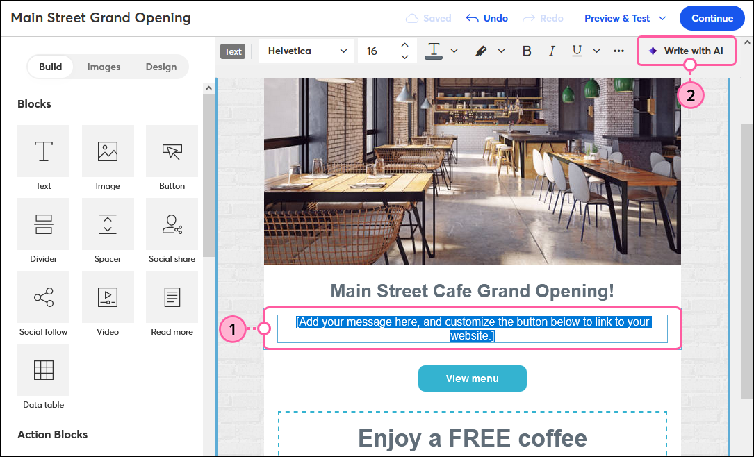 Email editor, text block with text highlighted, and Write with AI button in toolbar
