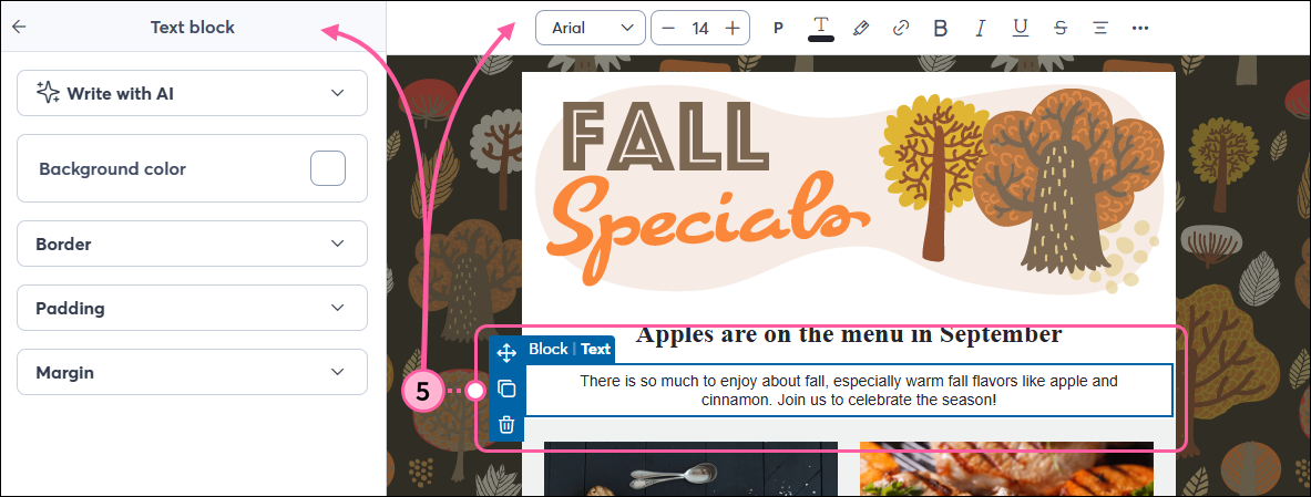 Email editor with Text block panel and toolbar