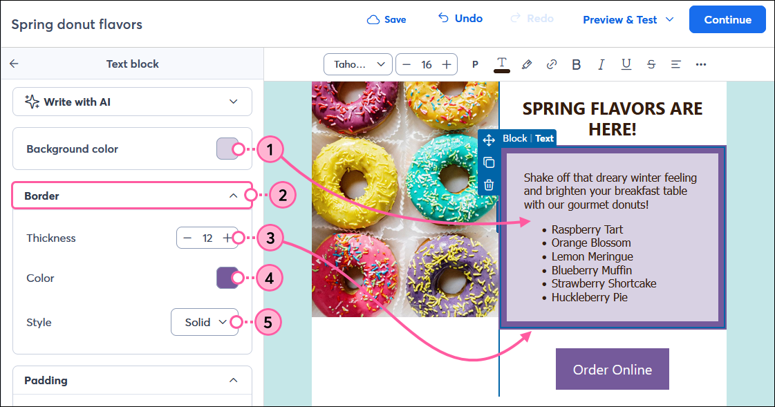 Text Block panel with Background Color and Border options