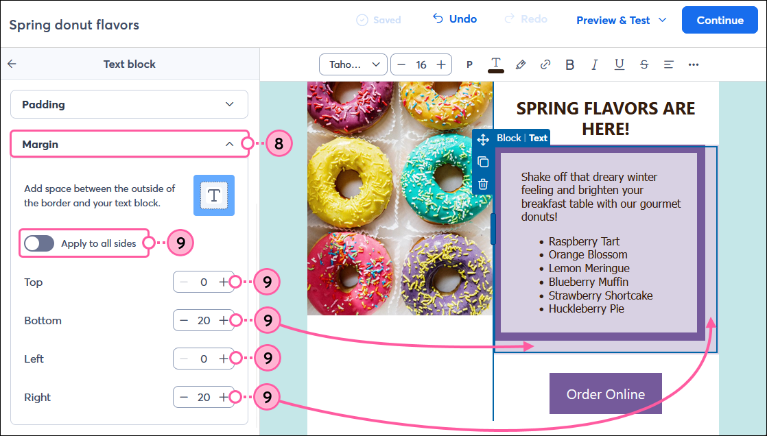 Text Block panel with Margin options