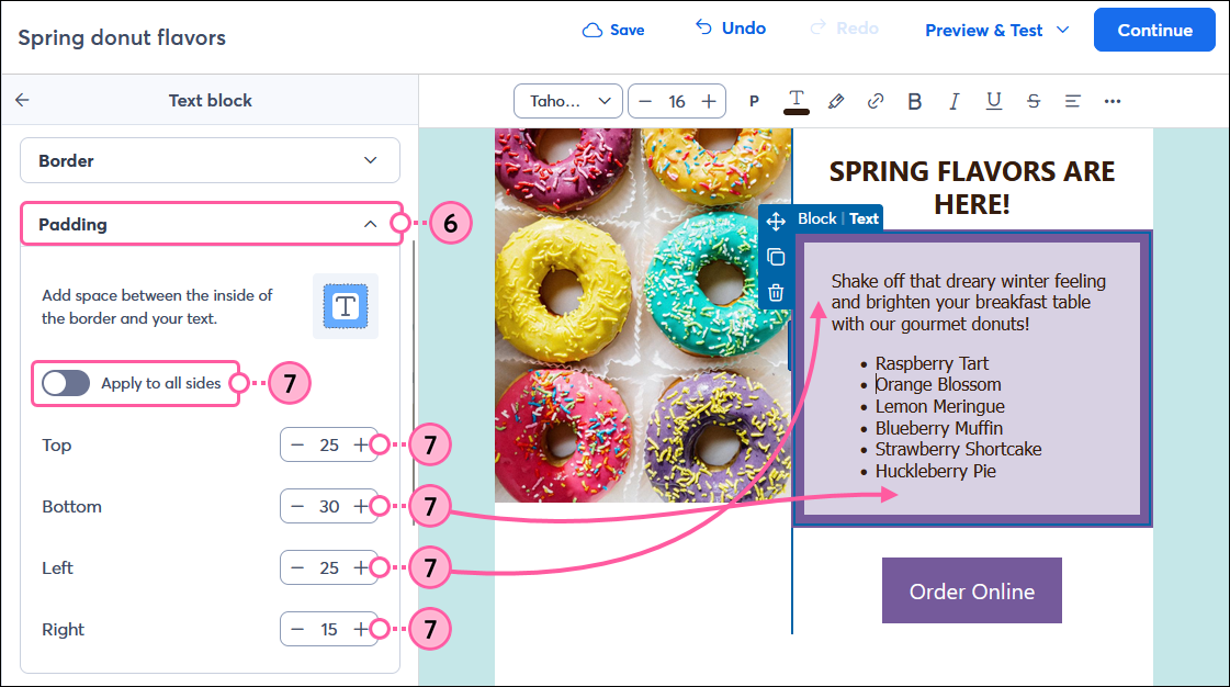 Text Block panel with Padding options