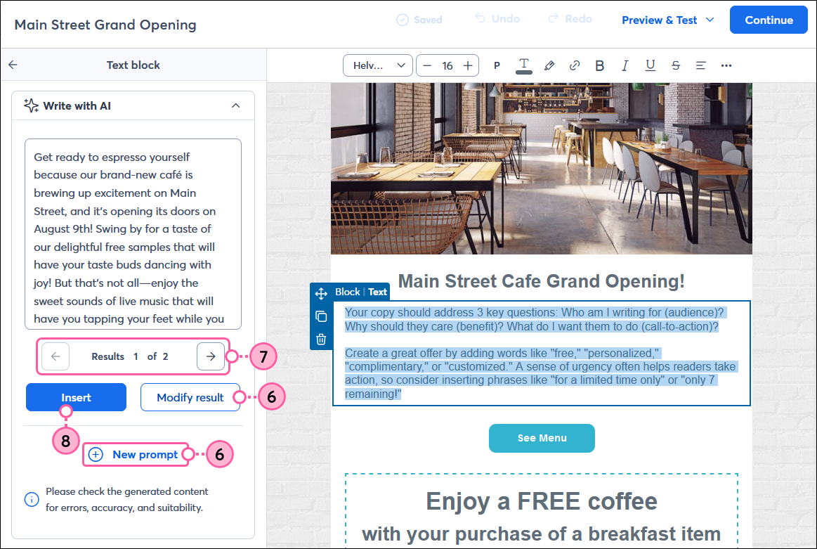 Content Assistant panel with generated content, Modify This Result link, Back button, Option arrows, and Insert Text button