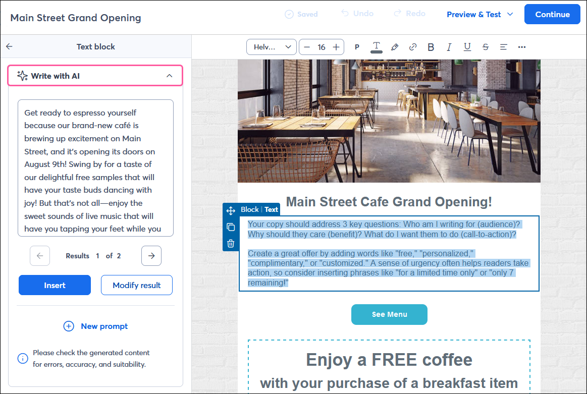 Email editor with Text block selected, Write with AI option in the left-hand panel, and content generated