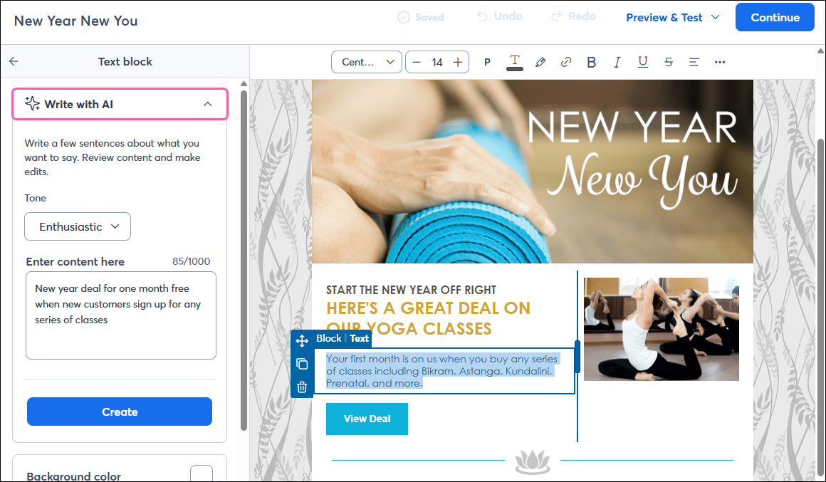 Email editor with AI content generator