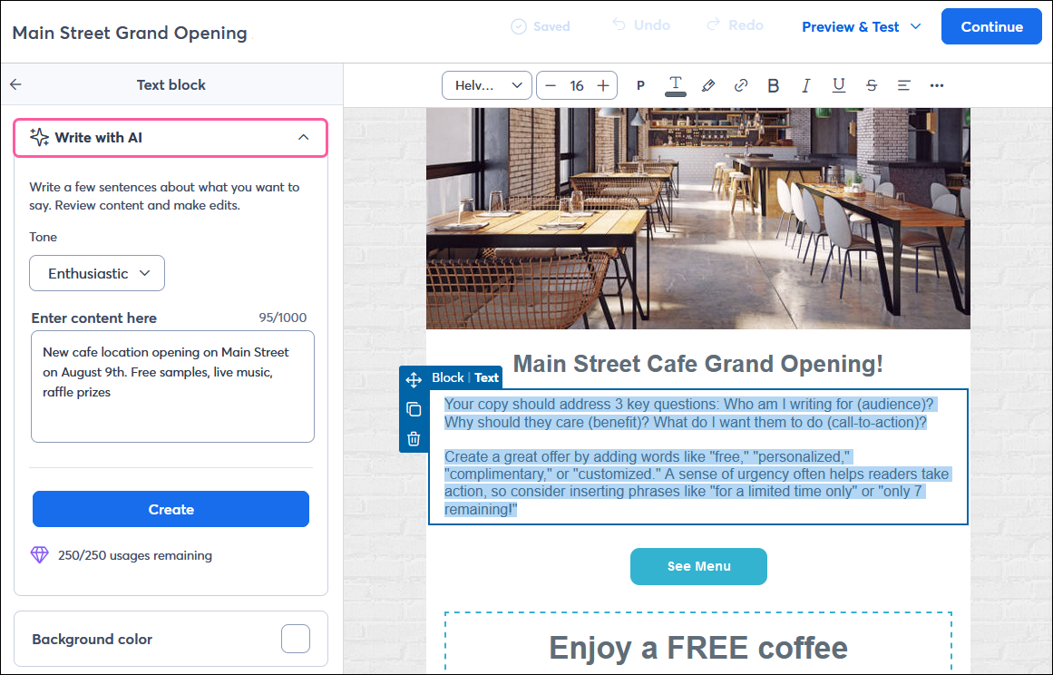 Editor de correos electrónicos con generador de contenido de IA
