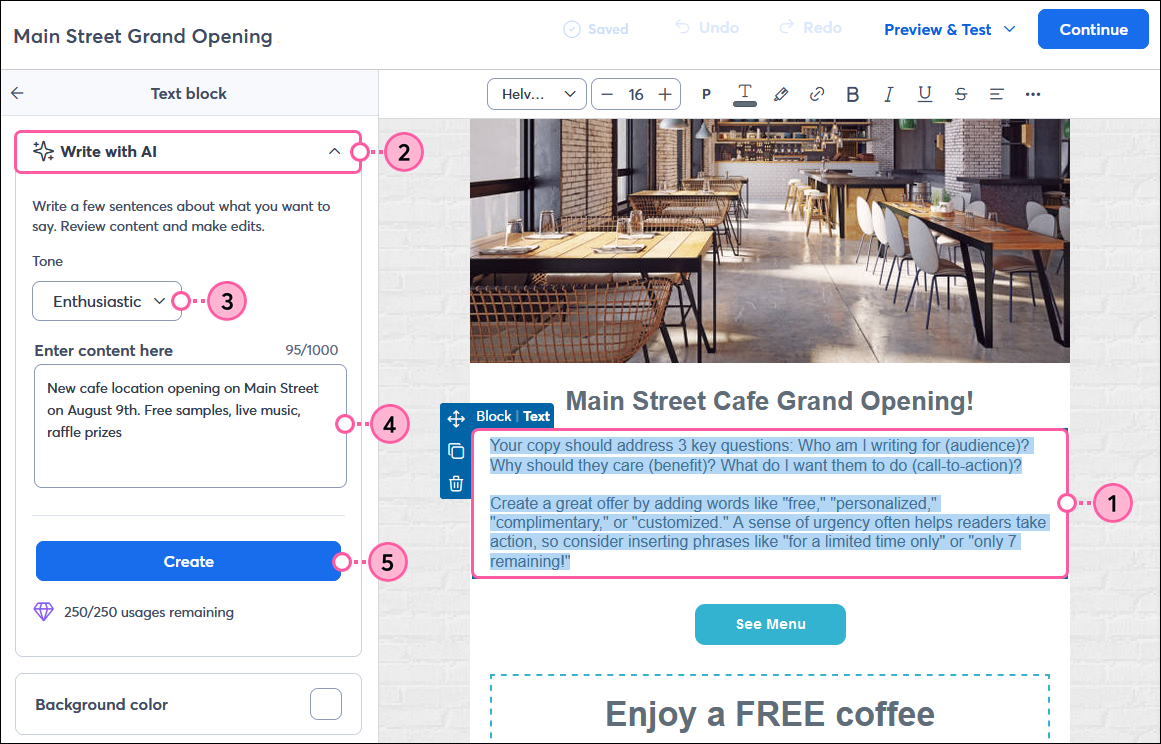 Content Assistant panel with description field, Tone drop-down, Length drop-down, and Create button