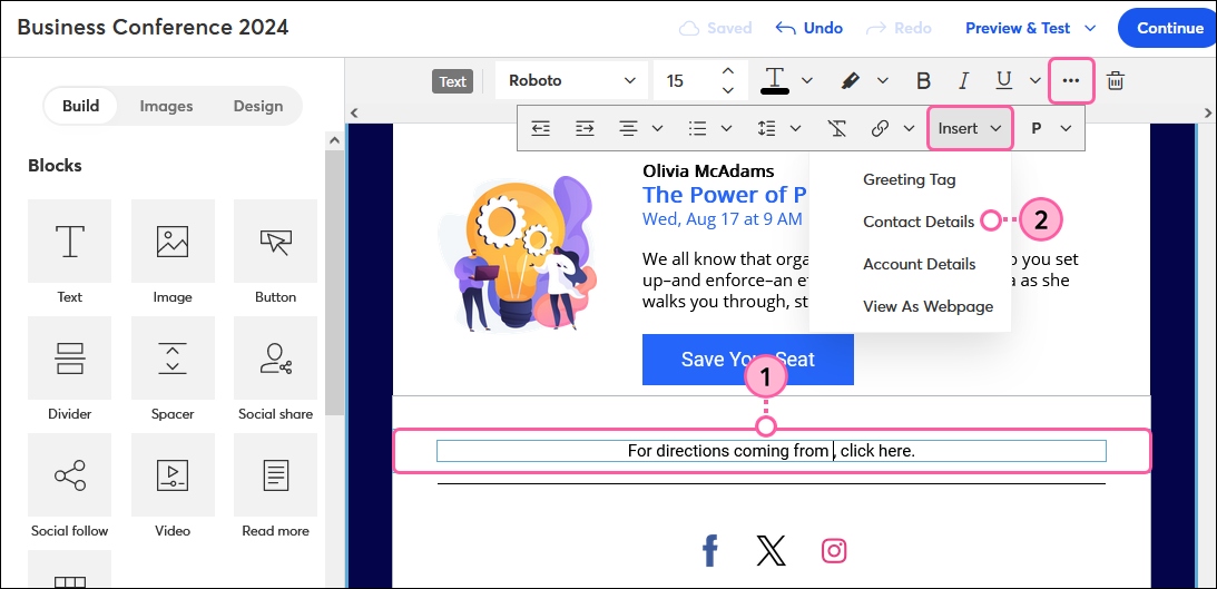 Insert Drop-down Menu and Contact Details Option