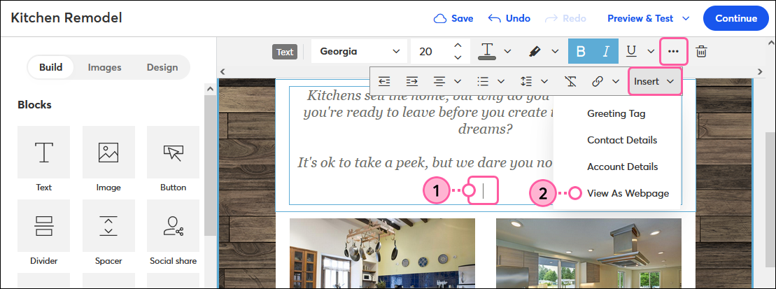 Text toolbar with Insert drop-down menu expanded and View as Webpage option selected