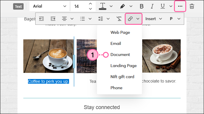 Dropdown-Menü Link und Option Document (Dokument)