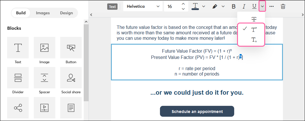 Text Emphasis Drop-down Menu and Strikethrough, Superscript, and Subscript Option