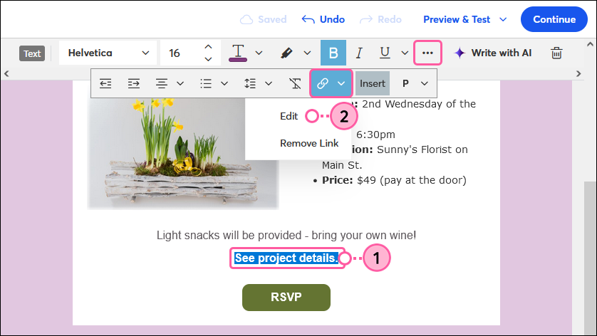 Éditeur d’e-mails avec lien texte mis en surbrillance, barre d’outils TEXT (TEXTE) développée, menu déroulant Link (Lien) développé et option Edit (Modifier)