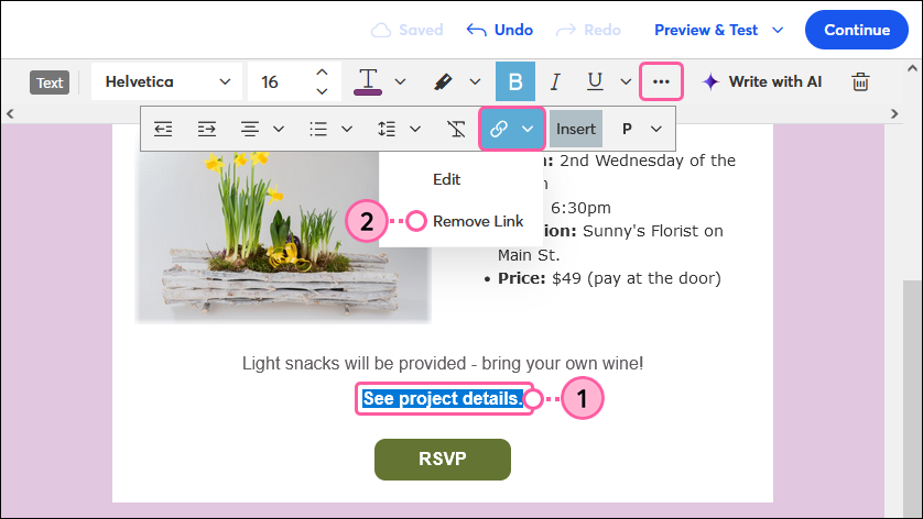 Éditeur d’e-mails avec lien texte mis en surbrillance, barre d’outils TEXT (TEXTE) développée, menu déroulant Link (Lien) développé et option Remove Link (Supprimer le lien)