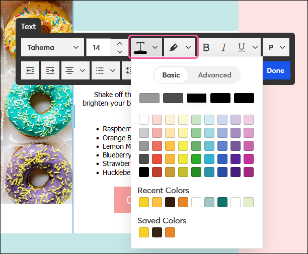 Barre d’outils de texte avec menu de couleur du texte développé affichant la palette de couleurs « Basic » (Basique) et l’option Advanced (Avancé), et bouton du menu Text Highlight Color (Couleur de surbrillance du texte)
