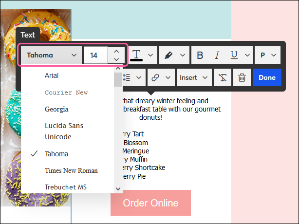 Barre d’outils du texte avec menu déroulant des polices déroulé, affichant les polices e-mail-safe et options de modification de la taille de la police