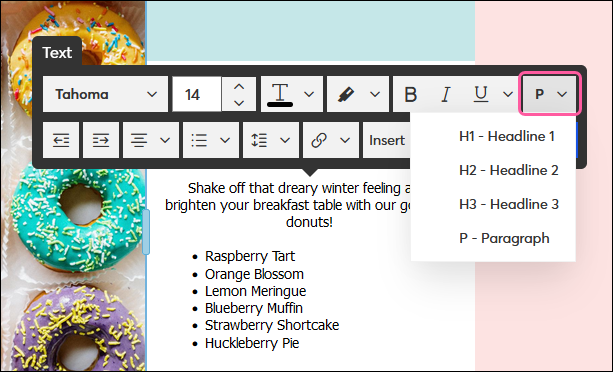 Barre d’outils de texte avec menu déroulant de titre