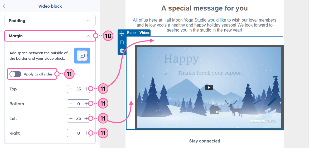 Video Block block panel with Margin options