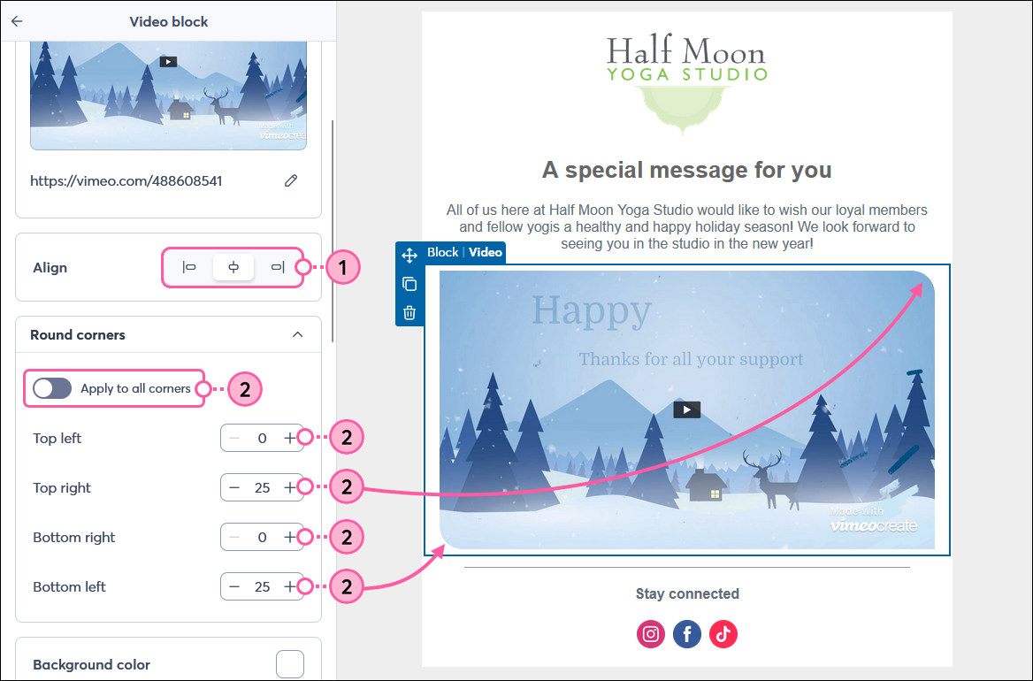 Video Block block panel with Align and Rounded Corners options
