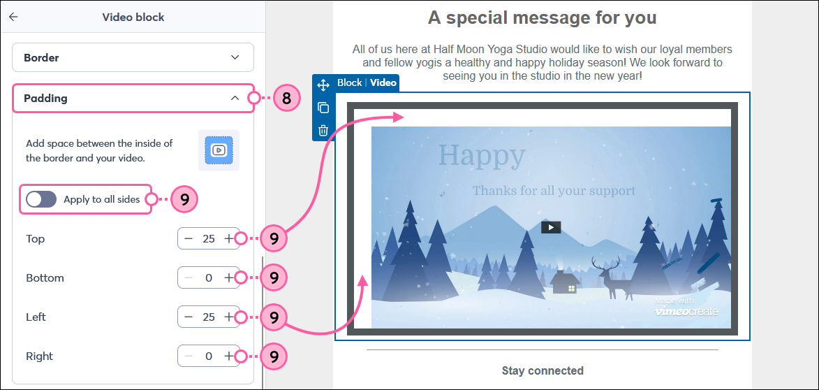 Video Block block panel with Padding options