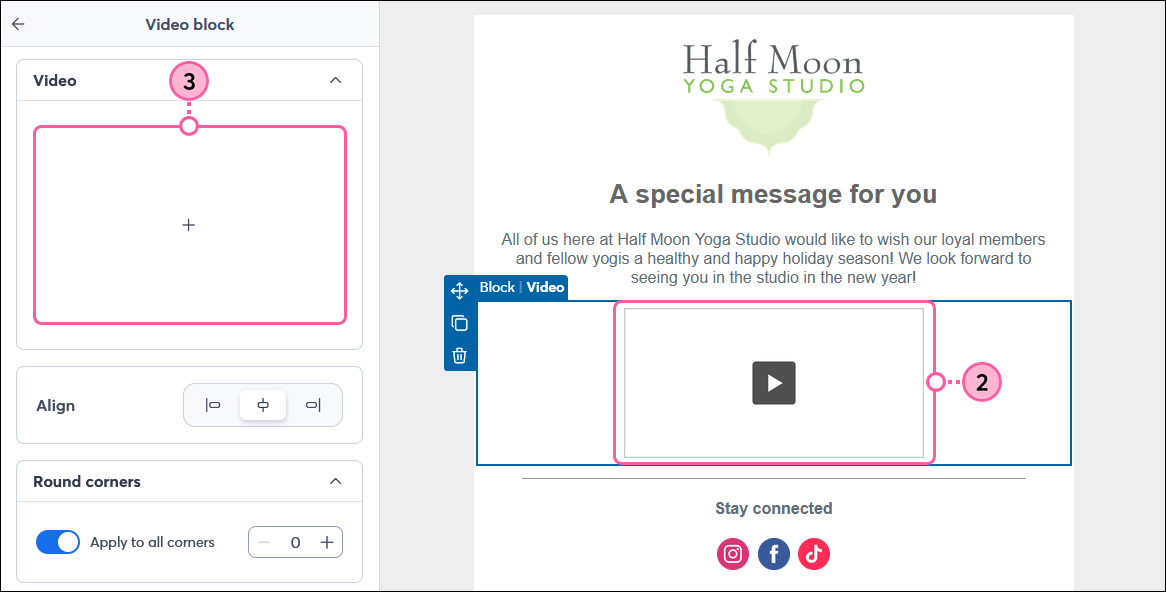Video Block block selected, Video block panel, and Add option