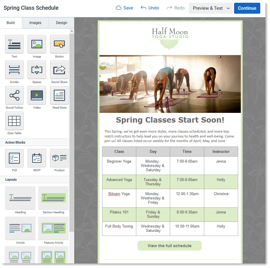 Email with a table in the Cross Device Editor