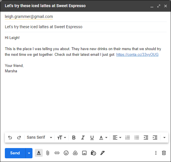 Example of a draft forwarded email with customized subject line and message with permanent email link