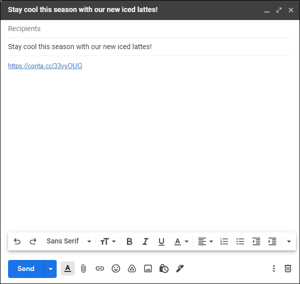 Example of a draft forwarded email with the default subject line and message with permanent email link