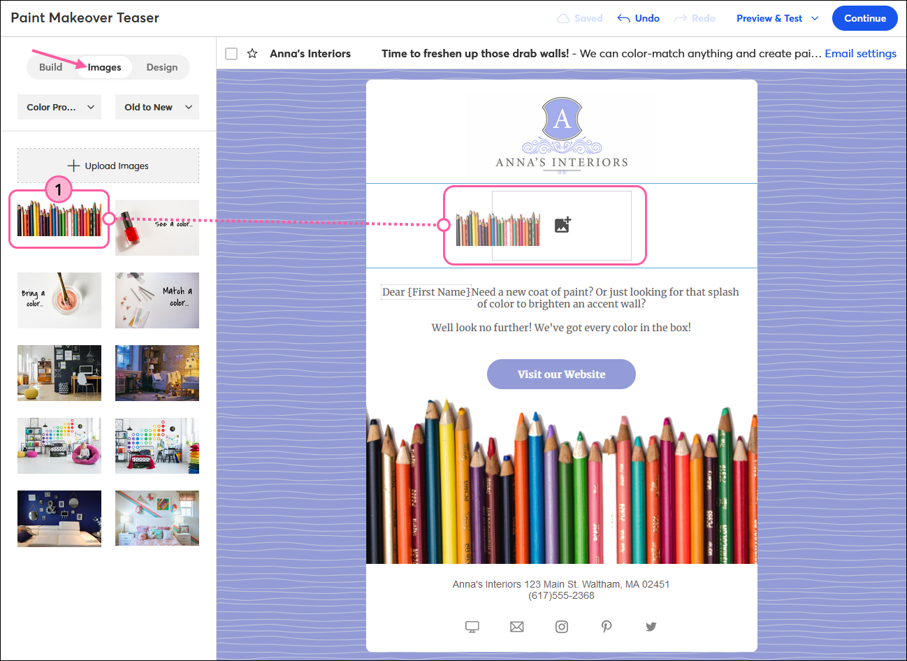 Tab Bilder des E-Mail-Bearbeitungsprogramms, Drag-and-Drop eines Bildes in den Bildplatzhalter in Vorlage