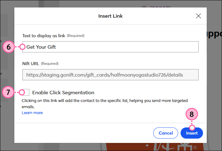 Link Text field, Click Segmentation checkbox, and Insert button