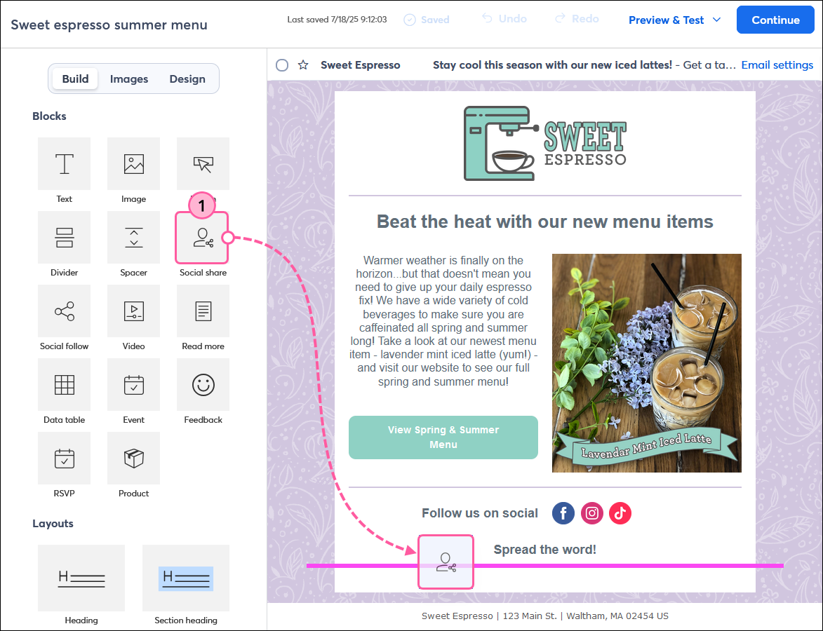 Drag Social Share Block Into Email Template