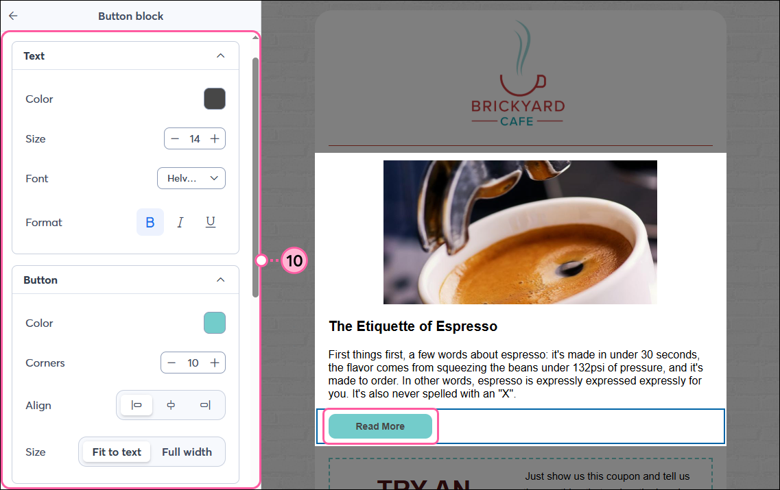 Read More block with button selected and Button toolbar editing options