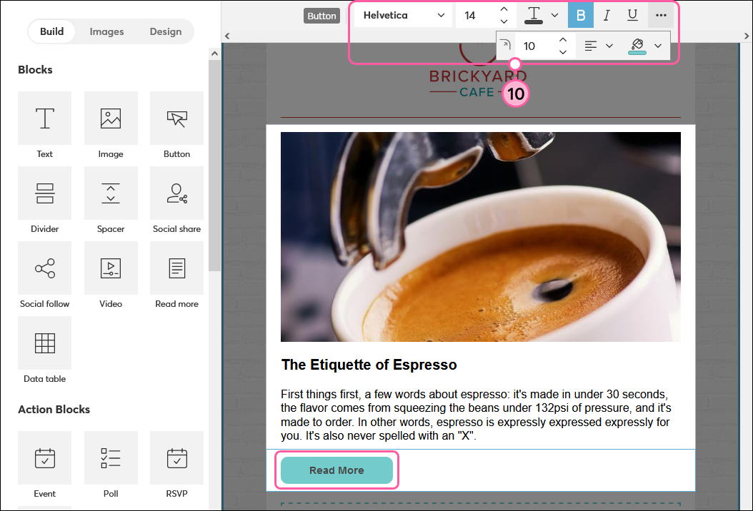 Read More block with button selected and Button toolbar editing options