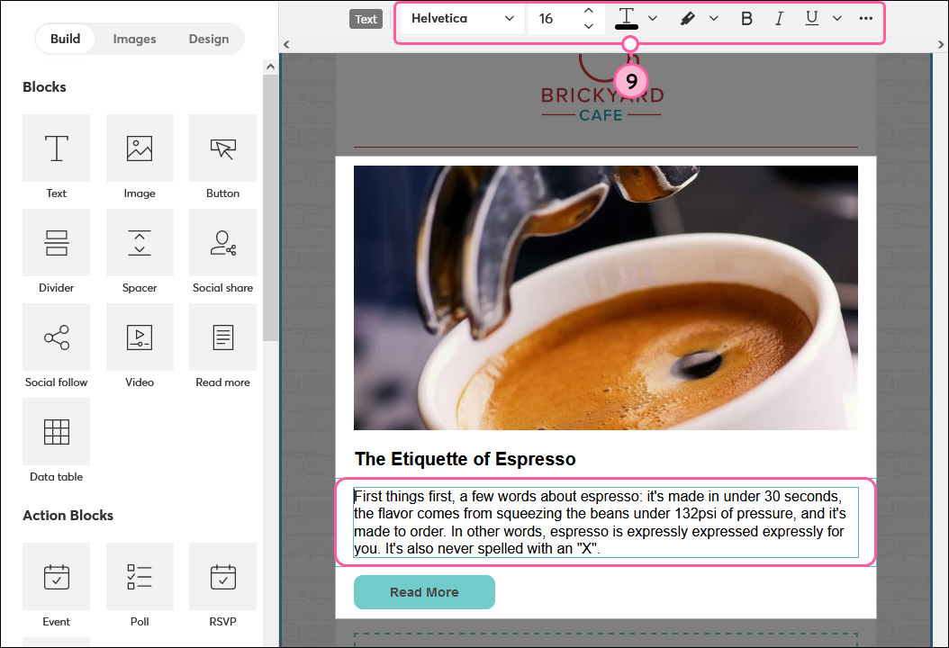 Read More block with text selected and Text toolbar editing options