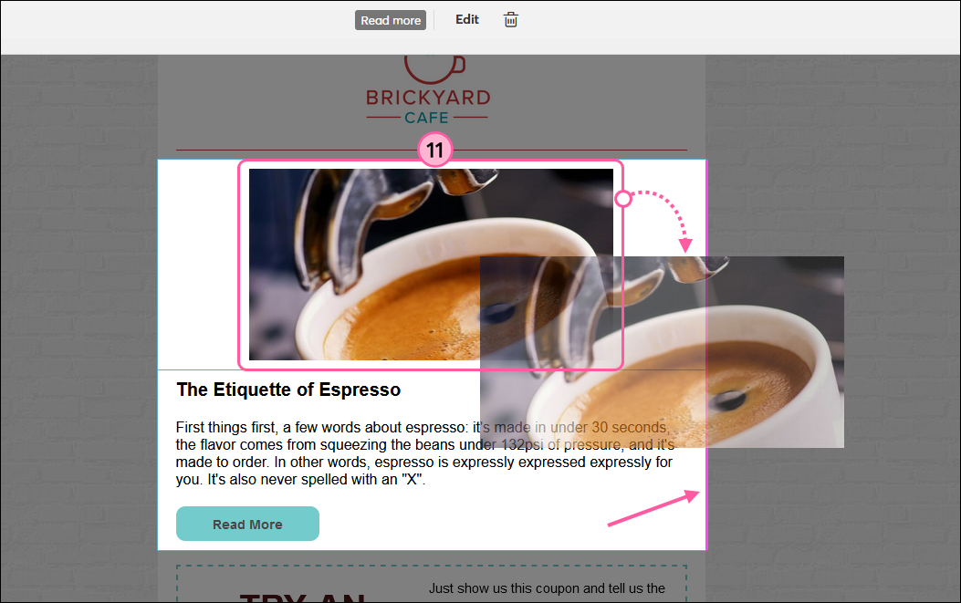 Read More block, click and drag image, and pink guideline