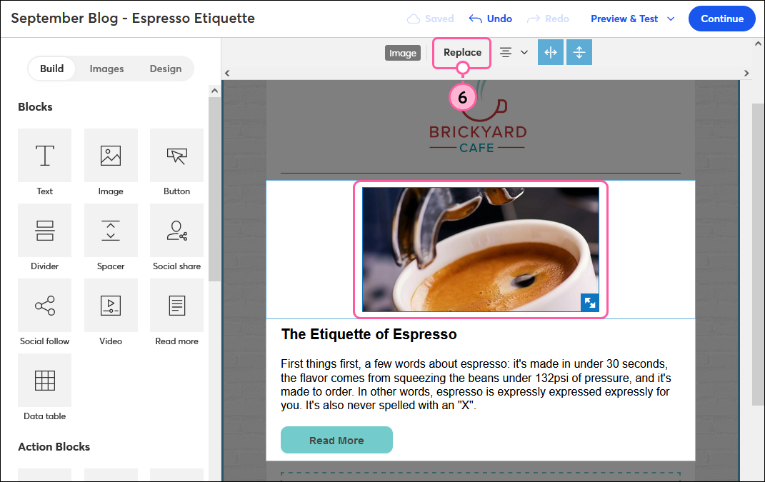 Read More block inserted, image selected, and Replace button