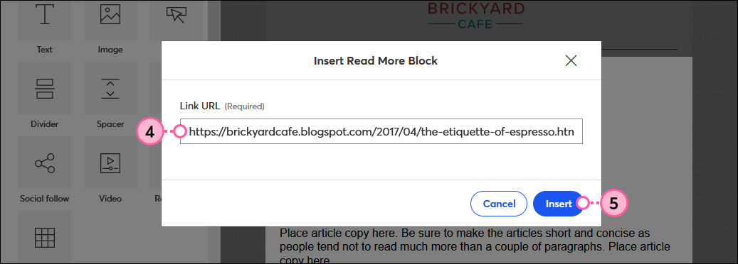 Link URL field and Insert button