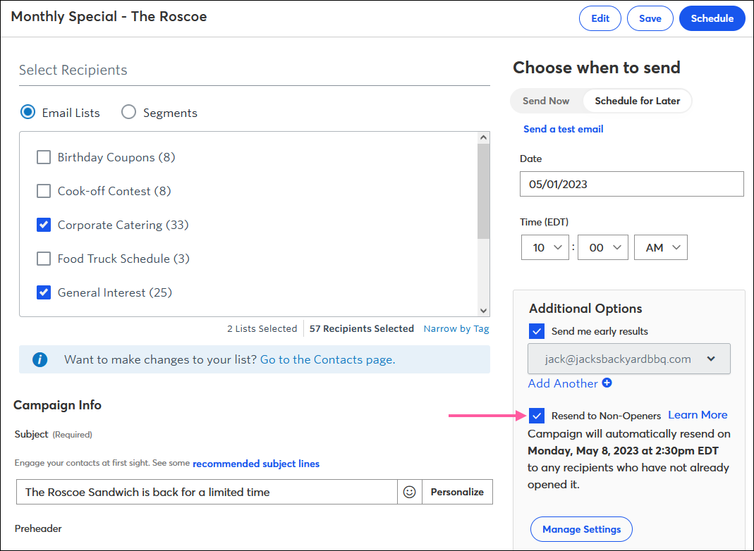 Resend to Non-Openers option on email schedule page
